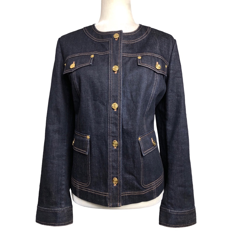 St John Jeans Denim Field Jacket Gold Button  Contrast Stitch Dark Stretch
